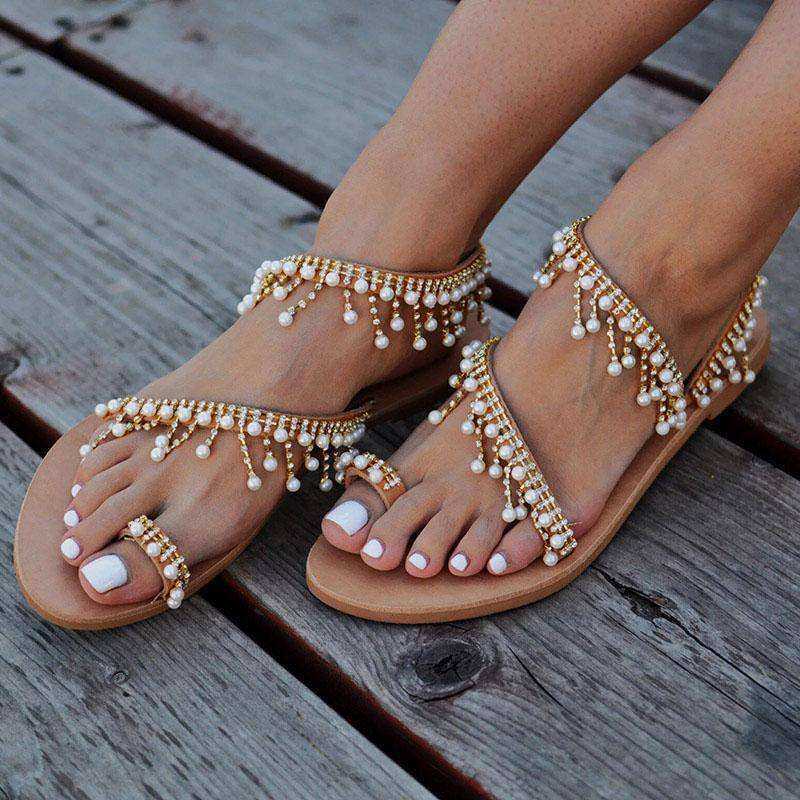 Women Vintage Pearl Boho Flat Sandals String Bead