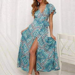 V Neck Aesthetic Sundress Floral Print Boho Long Sleeve Dress Deep Split Maxi