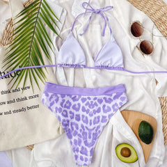 Women Sexy Cut Out Patchwork High Waist Purple Leopard Bikini  Swimwear