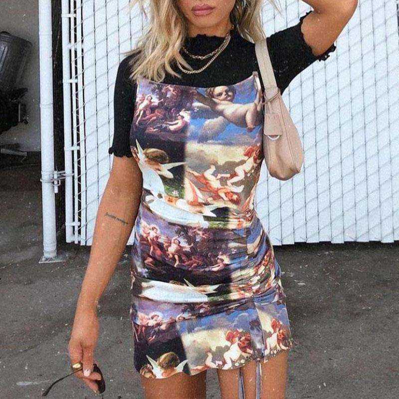 Goth Angel Print Sleeveless Bodycon Bandage Punk Sexy High  Waist Mini Dress