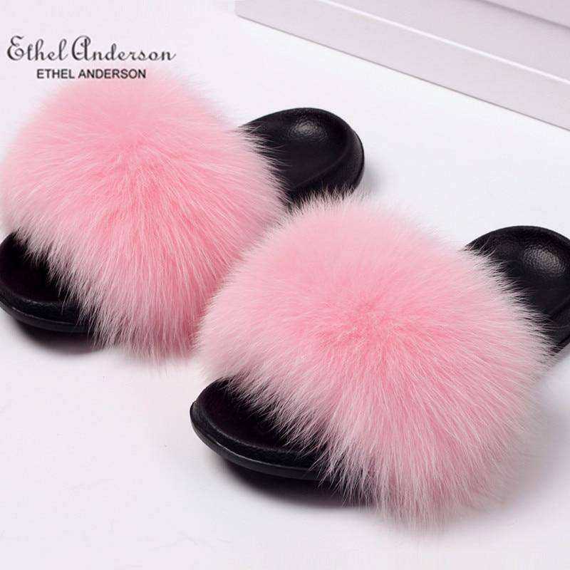 2020 Fox Raccoon Fur Slippers Lady Retro Flip Flops Summer