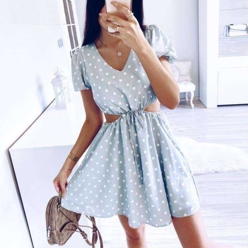 Polka Dot Green Chiffon Hollow Out Drawstring Waist Mini Dress