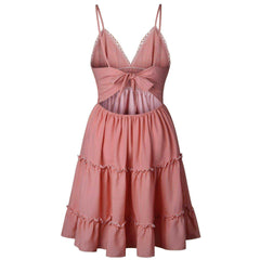New V Neck Lace Backless Spaghetti Strap Summer Dress