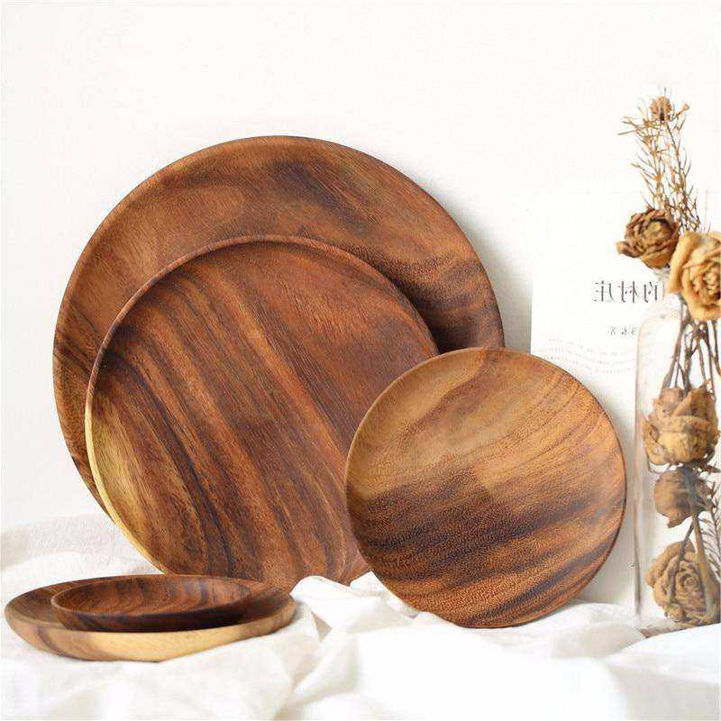 Round Solid Wood Plate Whole Acacia Wood Tableware Set