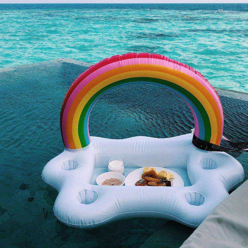 Summer Inflatable Pool Raft Float Bucket Rainbow Cloud Cup & Food Plate Holder