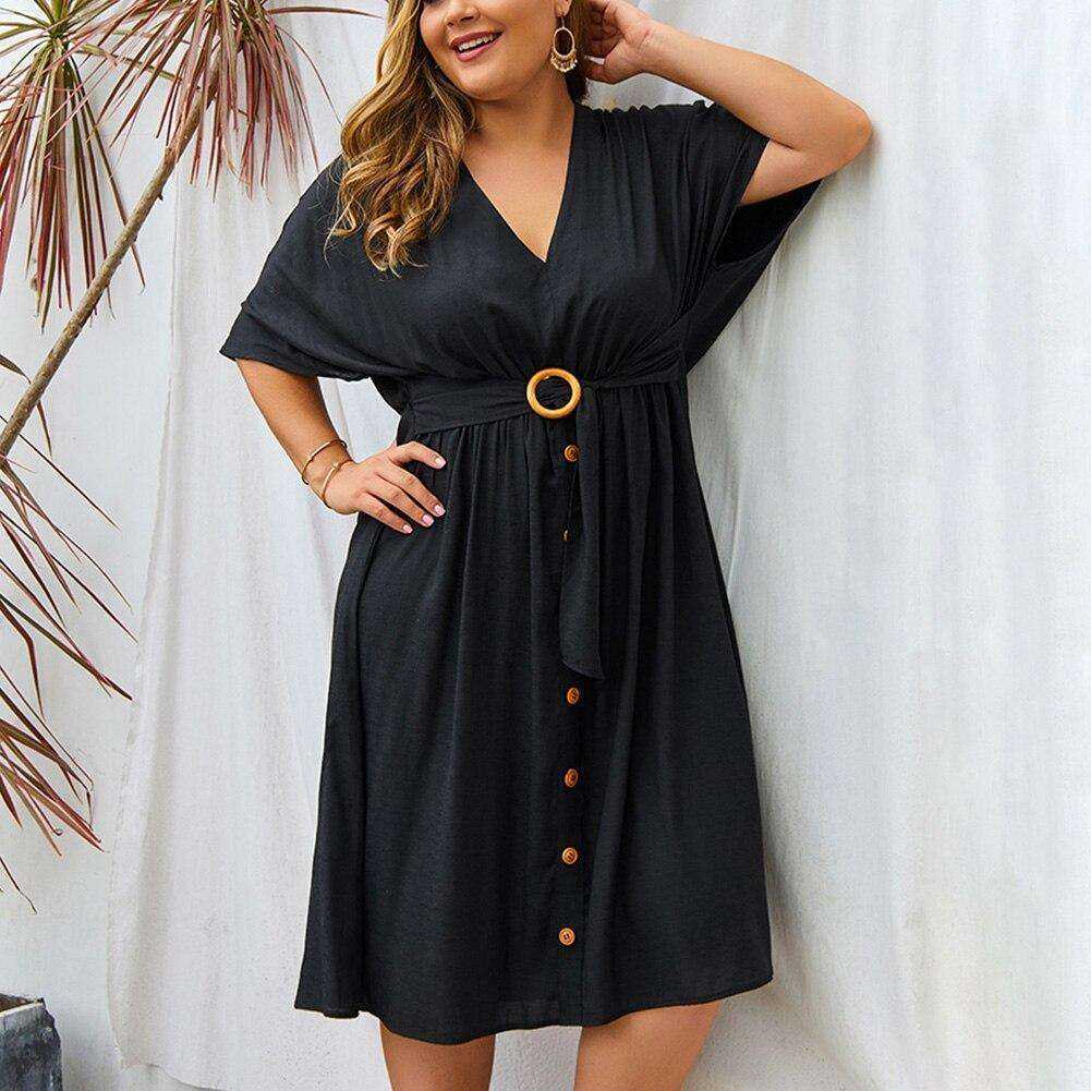 Women Autumn Plus Size 4XL V Neck Pure Color Full Sleeve Dress