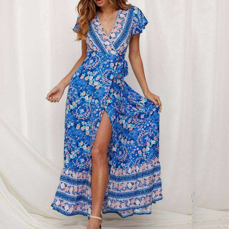V Neck Aesthetic Sundress Floral Print Boho Long Sleeve Dress Deep Split Maxi