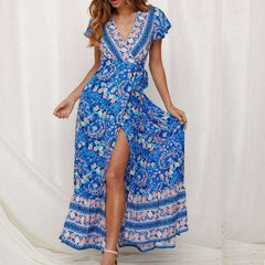 V Neck Aesthetic Sundress Floral Print Boho Long Sleeve Dress Deep Split Maxi