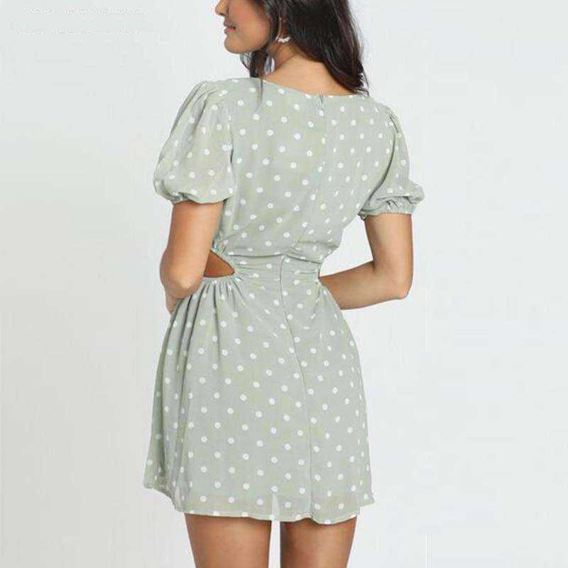 Polka Dot Green Chiffon Hollow Out Drawstring Waist Mini Dress