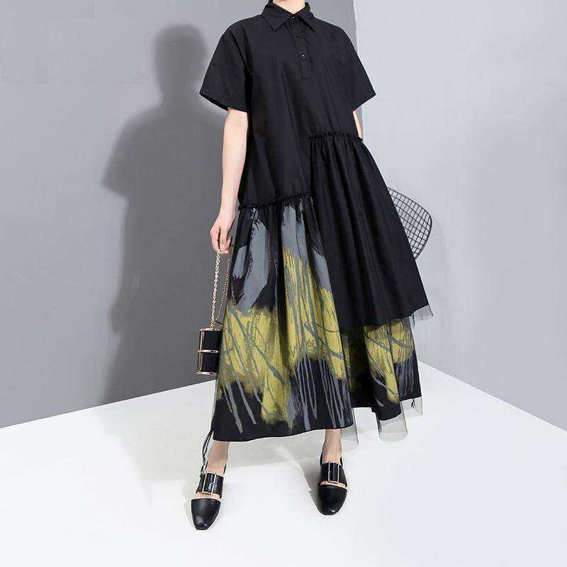 Painted Style Women Black Long Shirt Casual Dress