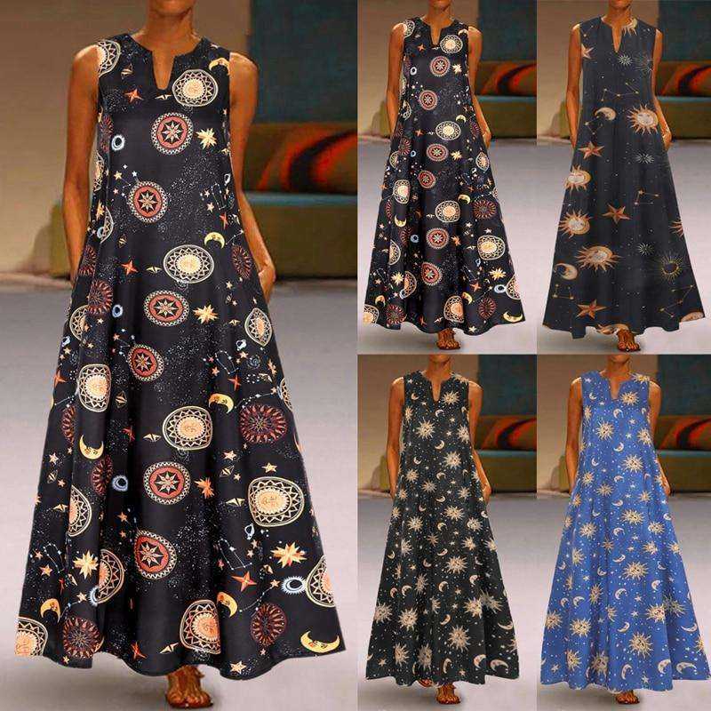 Casual Floral Printed Maxi Long Vintage Sleeveless Women Dress