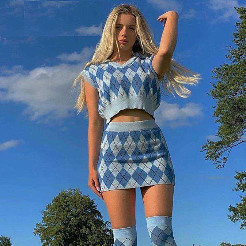 Aesthetics Tank Tops and Mini Skirt Suit Knitted E-girl Sleeveles