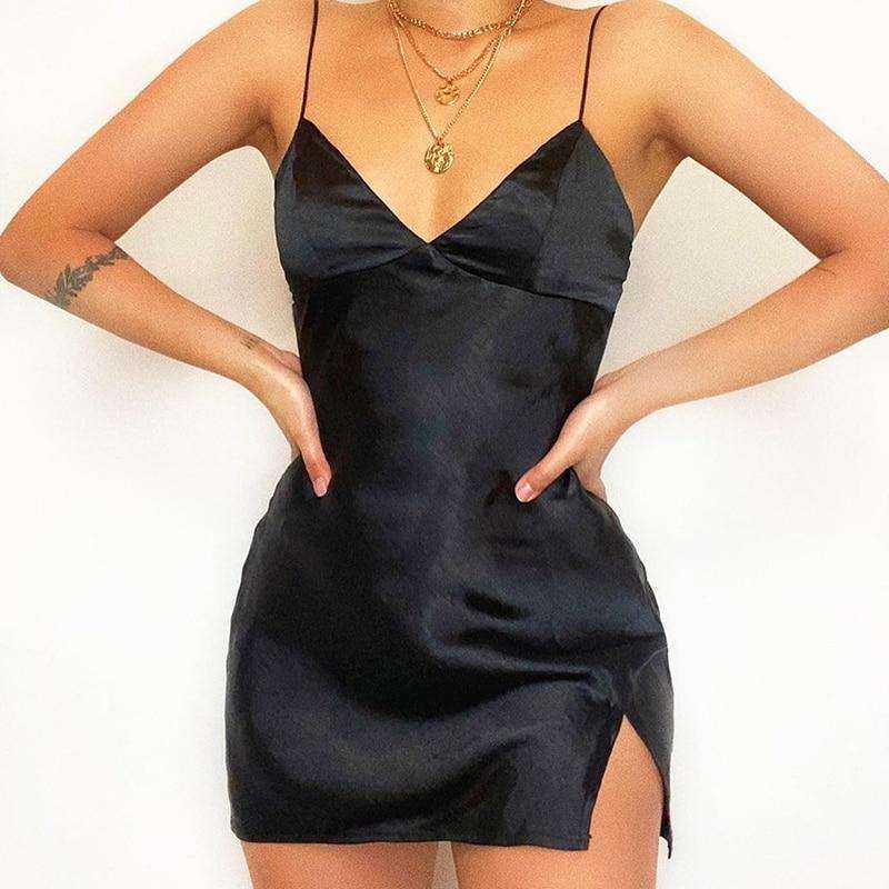 Satin V-Neck Spaghetti Strap Split Hem Mini Dresses