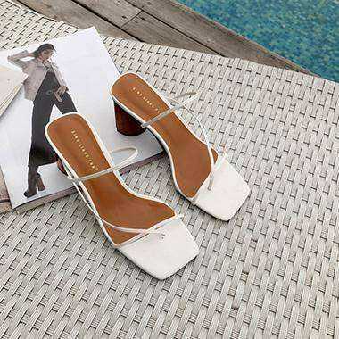 Wood Vintage Square Toe Narrow Band Women High Heel Sandals