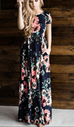 Women's Long Short Sleeve Bohemian Floral Printed Maxi Long Dress