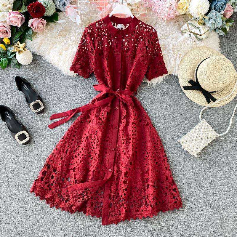 Women Elegant Hollow Out Lace Dress Solid O-Neck Button up Sashes
