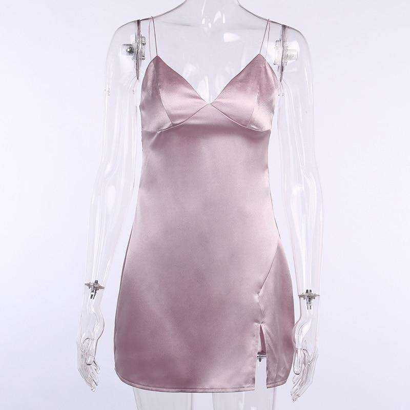 Satin V-Neck Spaghetti Strap Split Hem Mini Dresses