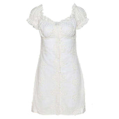 Women French Style White Casual V Neck Mini Dress Button Sundress