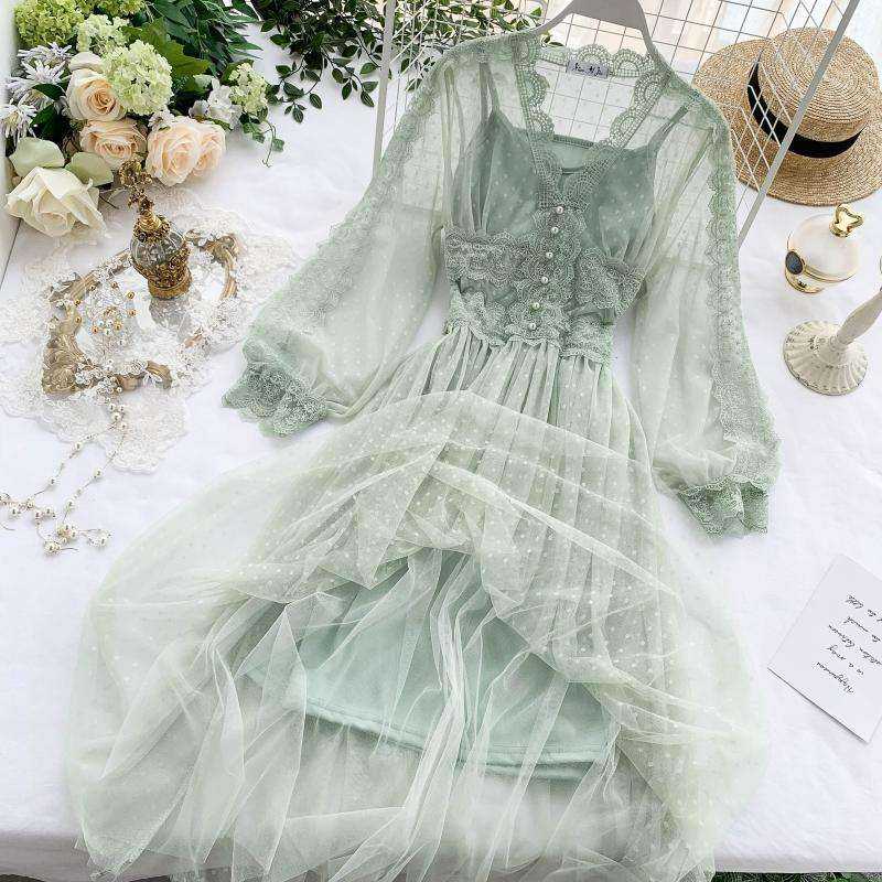 Sweet Tulle Long Sleeve V Neck Polka Dot Bohemian Slim Fairy Dress
