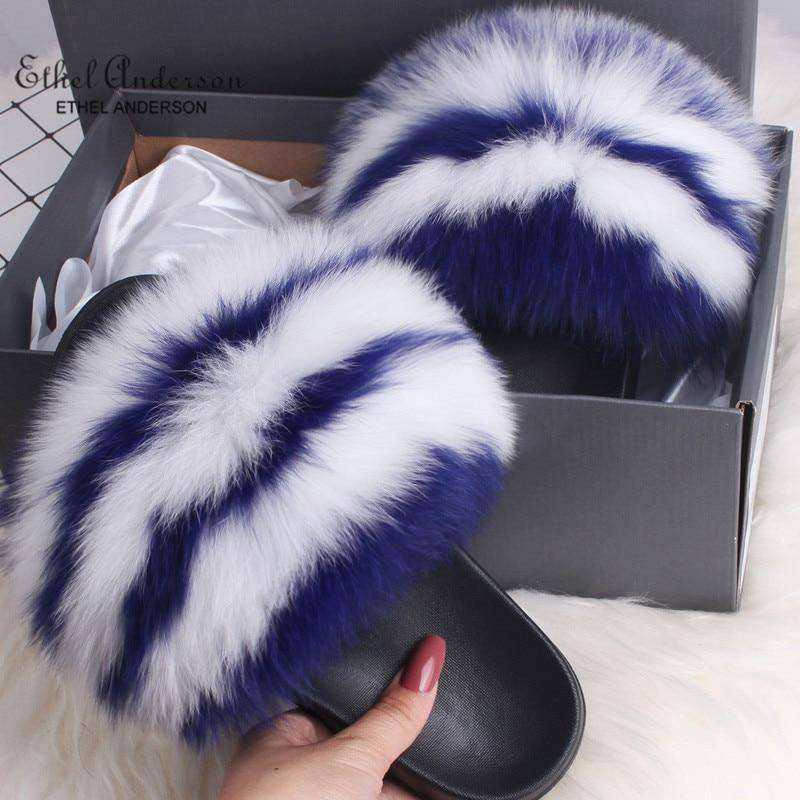 2020 Fox Raccoon Fur Slippers Lady Retro Flip Flops Summer