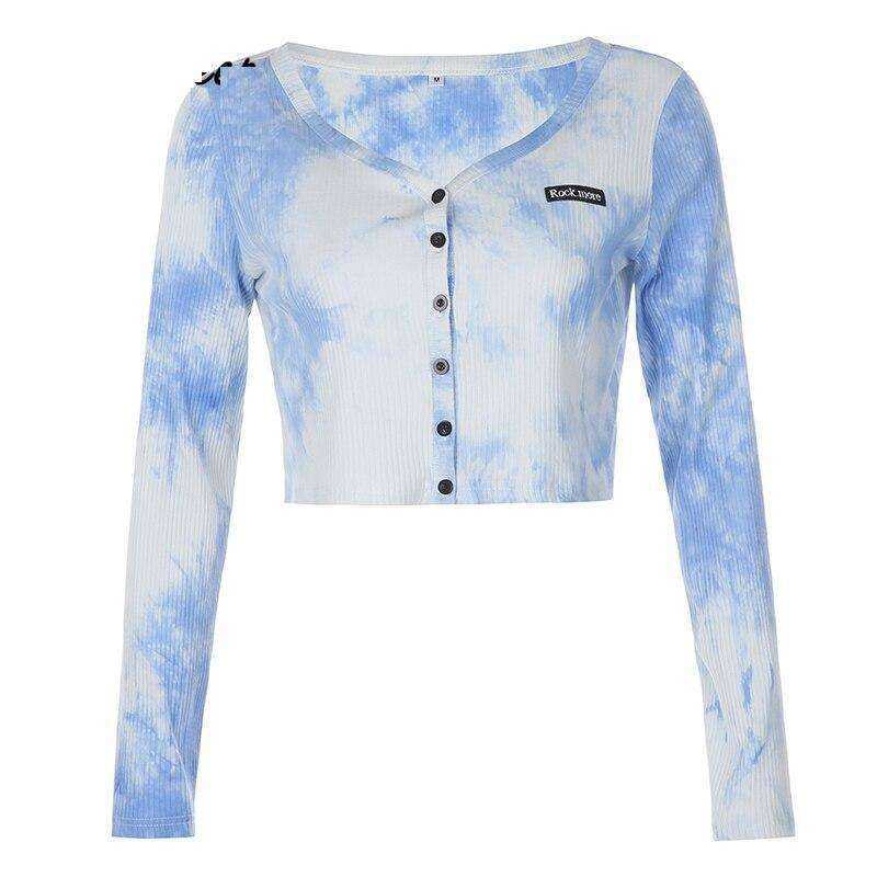 Rib Knitted Skinny Tie Dye Print Streetwear Ruffle Crop Top T-Shirt Women