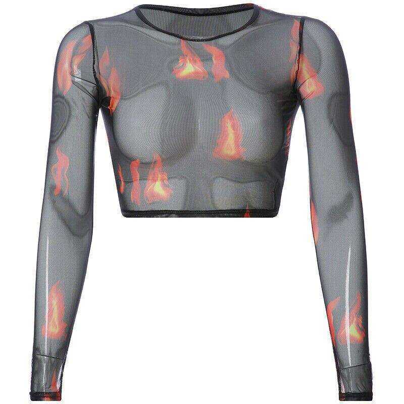 New Fashion Casual O-neck Mesh Dragon Print Long Sleeve Tee Shirts Women