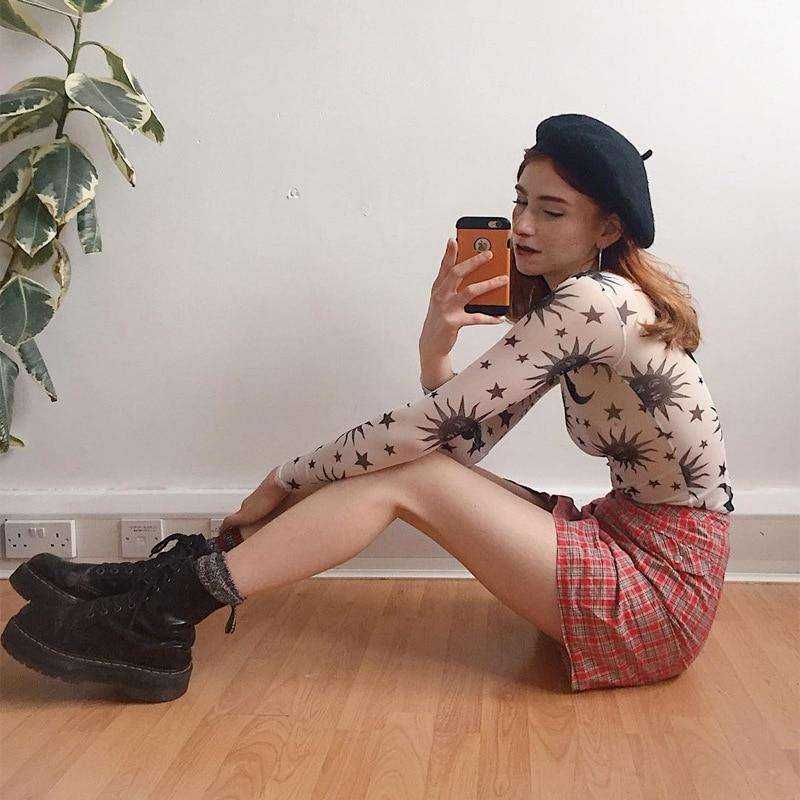 Women O-Neck Long Sleeve Sun Moon Printed Transparent Mesh Sexy T-Shirt
