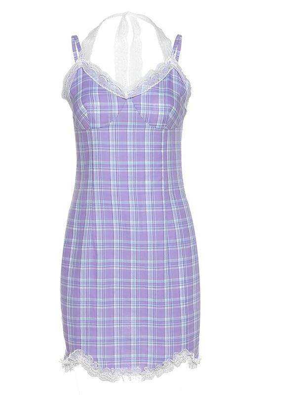 Lace Purple Plaid Strap Soft Cotton Mini Bodycon Dress Women