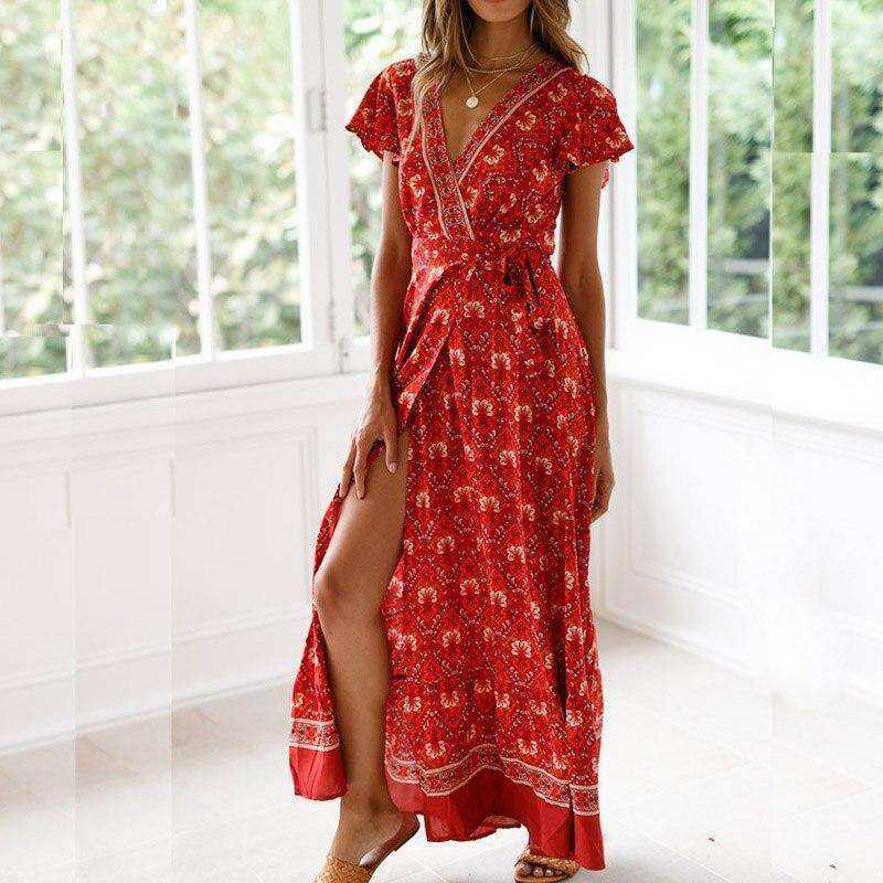 V Neck Aesthetic Sundress Floral Print Boho Long Sleeve Dress Deep Split Maxi