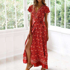 V Neck Aesthetic Sundress Floral Print Boho Long Sleeve Dress Deep Split Maxi
