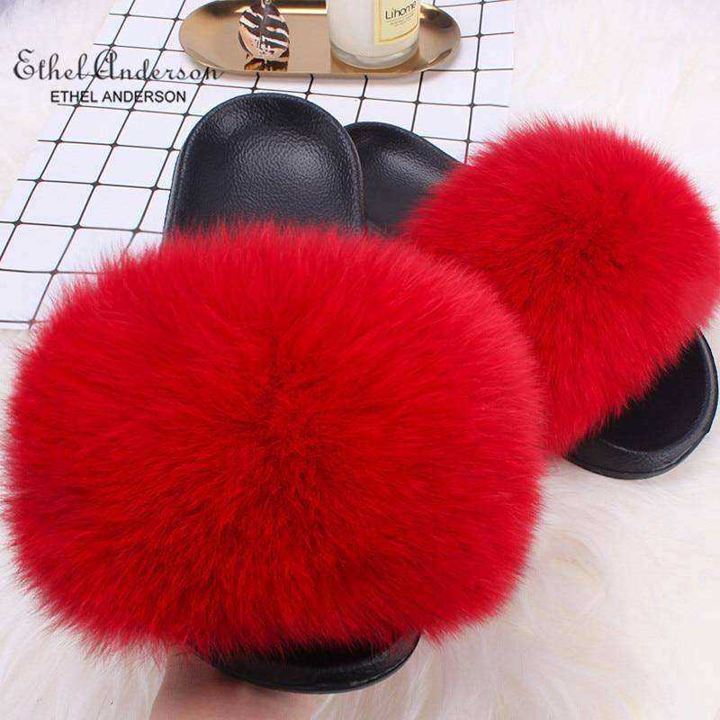 2020 Fox Raccoon Fur Slippers Lady Retro Flip Flops Summer