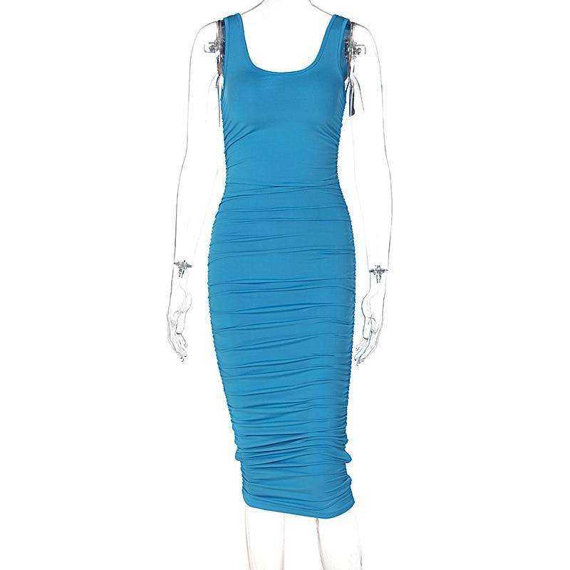 Women Fashion Ruched Sleeveless Skinny Hot Midi Dress