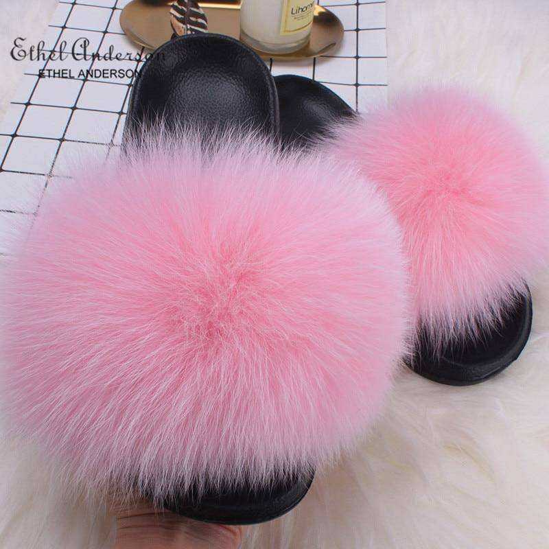 2020 Fox Raccoon Fur Slippers Lady Retro Flip Flops Summer