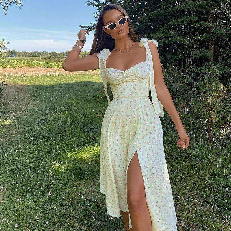 Yellow Print Summer Sleeveless Tie Up Bow Strap Elegant Midi Side Split Floral Dress