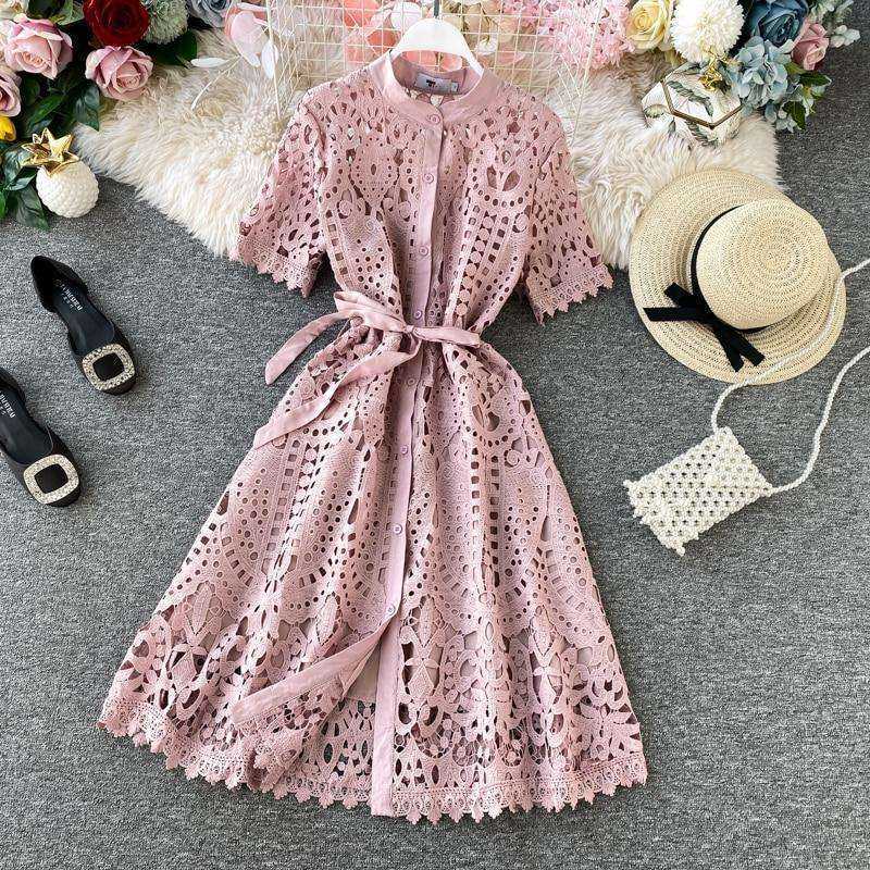 Women Elegant Hollow Out Lace Dress Solid O-Neck Button up Sashes