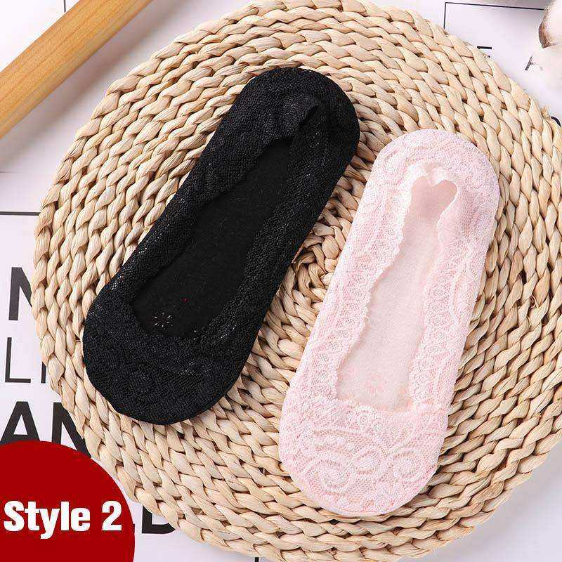 1/2 Pairs Women Girls Lace Flower Short Socks Anti-skid Invisible Ankle Sock Slippers