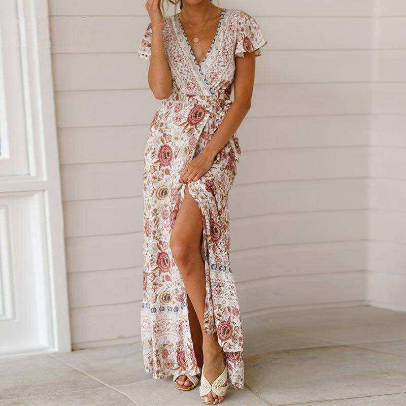 V Neck Aesthetic Sundress Floral Print Boho Long Sleeve Dress Deep Split Maxi
