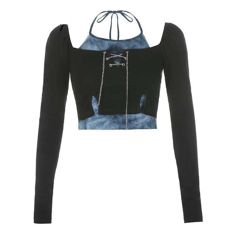 Rib Knitted Skinny Tie Dye Print Streetwear Ruffle Crop Top T-Shirt Women
