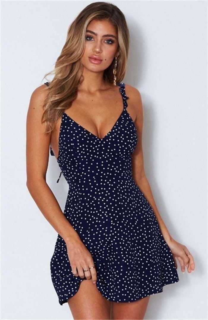 Summer Sexy Spaghetti Strap Dot Print Backless Above Knee Mini Ladies Dress