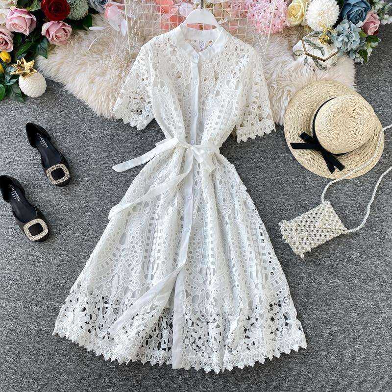 Women Elegant Hollow Out Lace Dress Solid O-Neck Button up Sashes