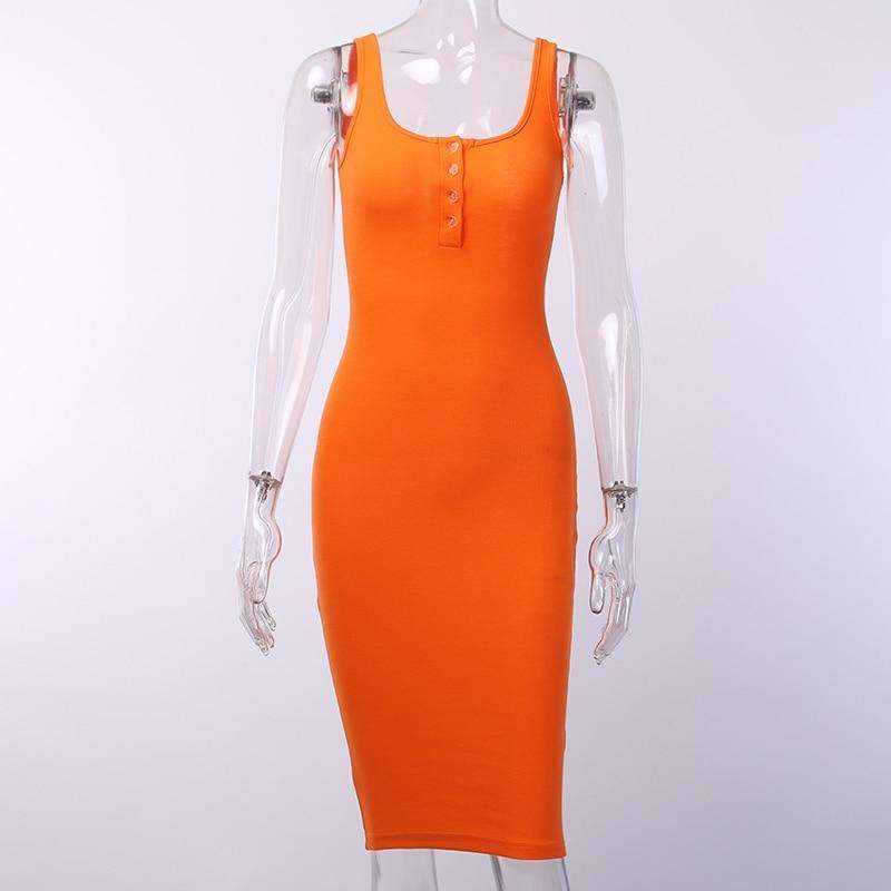 Knitted Elastic V-Neck Button Sleeveless Knee-Length Slim Dress