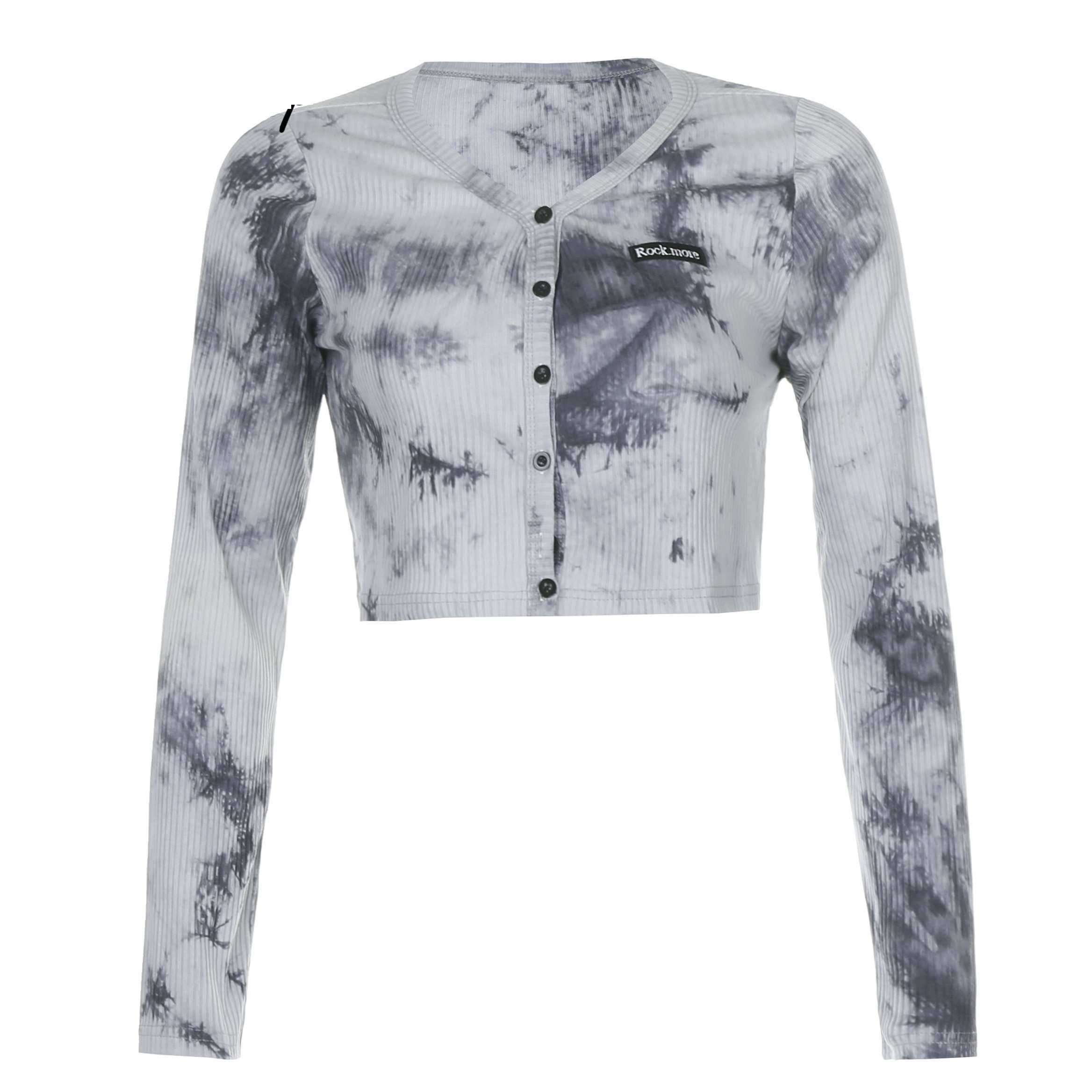 Rib Knitted Skinny Tie Dye Print Streetwear Ruffle Crop Top T-Shirt Women
