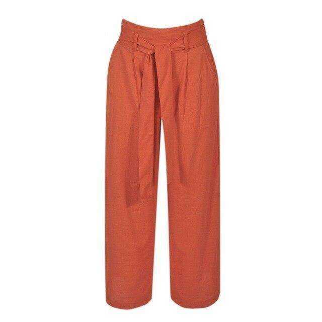 Casual cotton Wide leg sashes loose female long pants