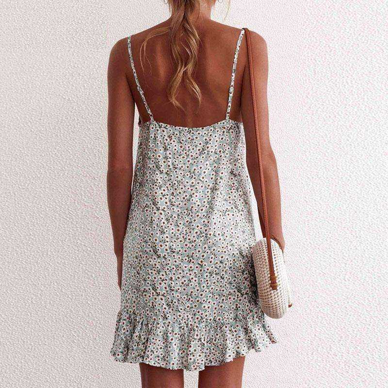 Summer Boho Spaghetti Strap Flower Print Ruffle Mini Dress