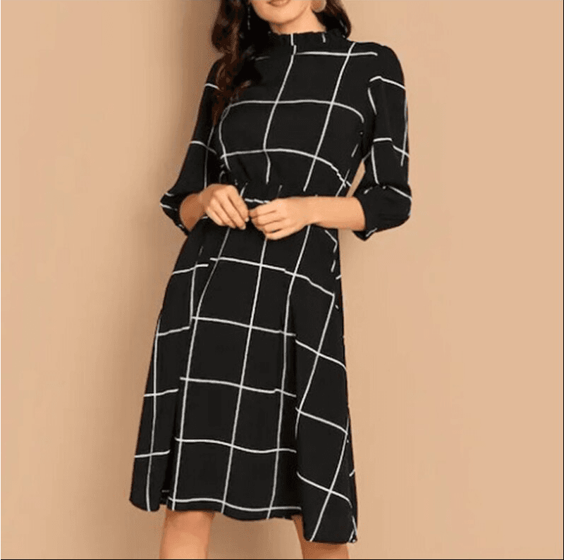 Stand Collar Simple Plaid 3/4 Sleeve Knee Length Line Dress