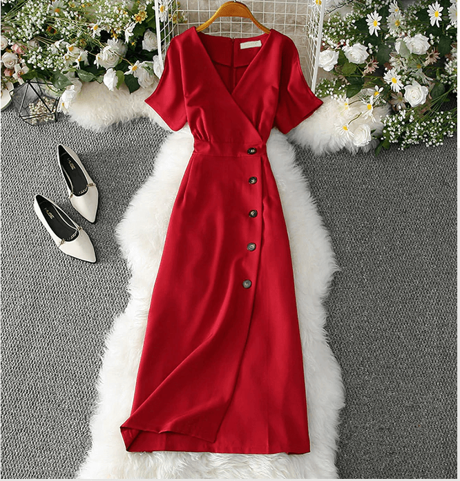 Elegant Buttons Casual Slim Vintage Romance Women Dress
