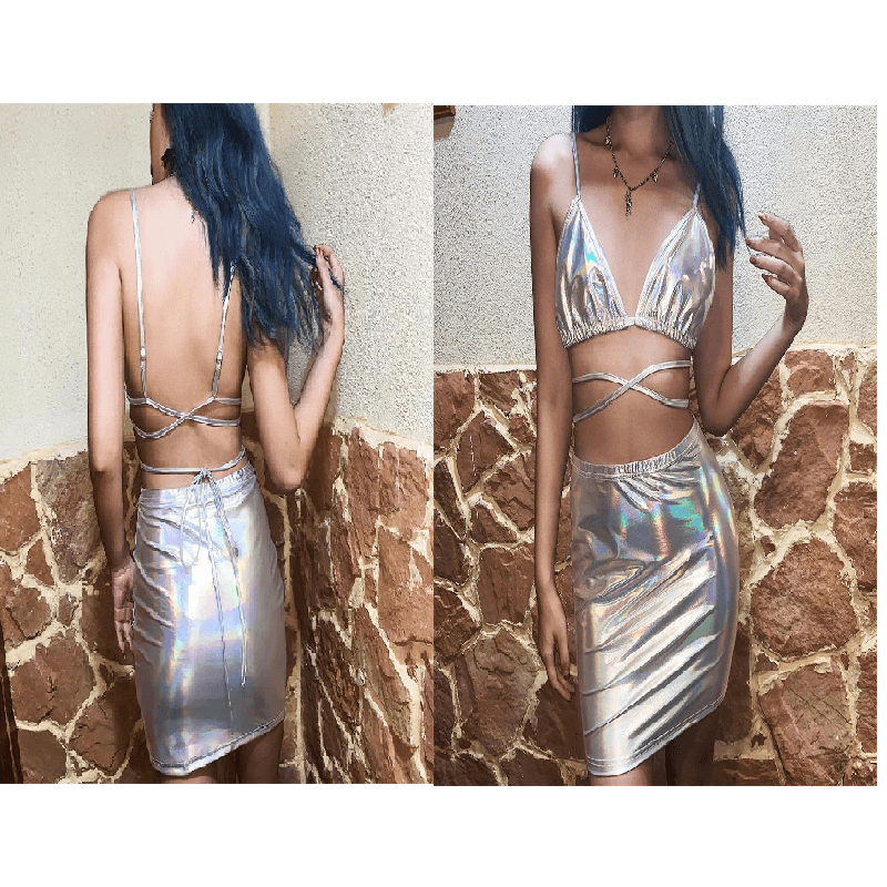 Silver Glitter Lace-Up Camisole Skirts Set
