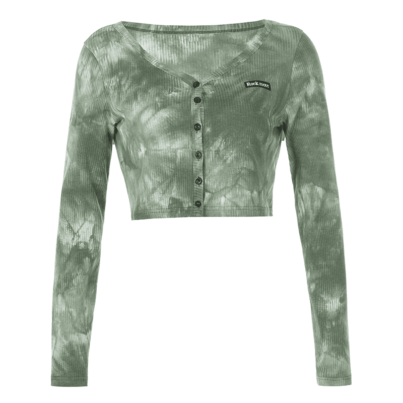Rib Knitted Skinny Tie Dye Print Streetwear Ruffle Crop Top T-Shirt Women