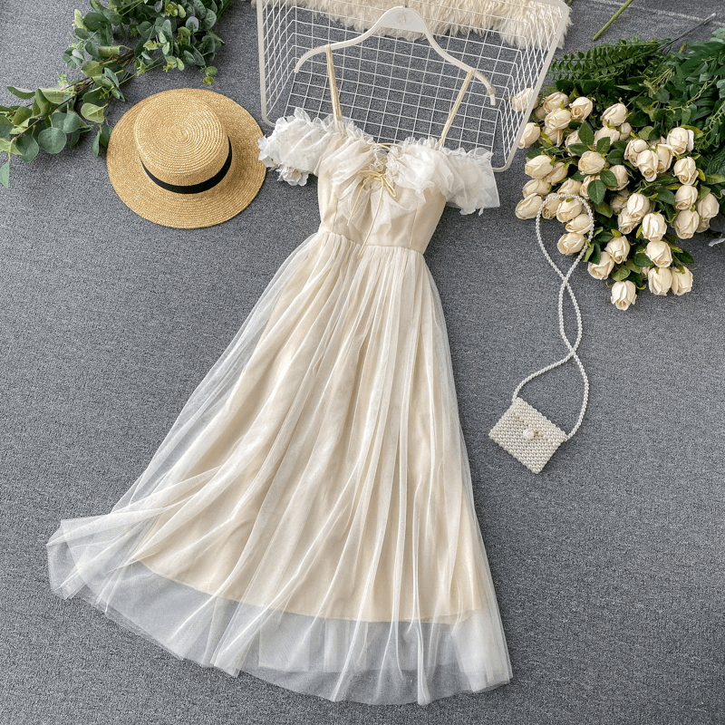 Elegant Ruffles Mesh High Slash Off Shoulder Drawstring Ropa Summer Dress
