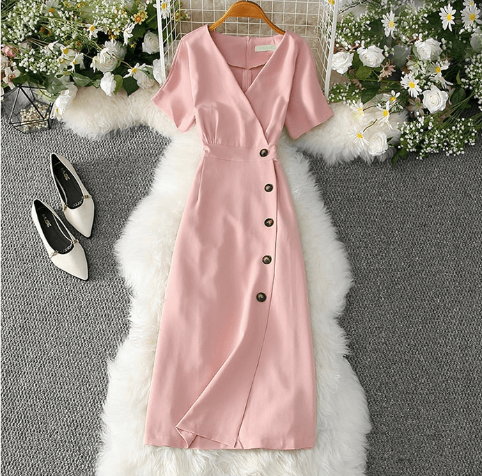 Elegant Buttons Casual Slim Vintage Romance Women Dress